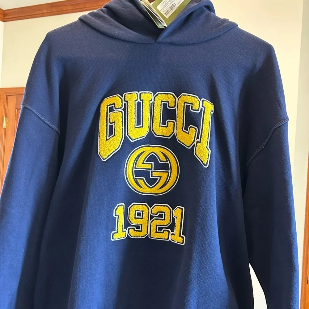 Men's Gucci cotton jersey, hooded sweatshirt with yellow logo, embroidery size L